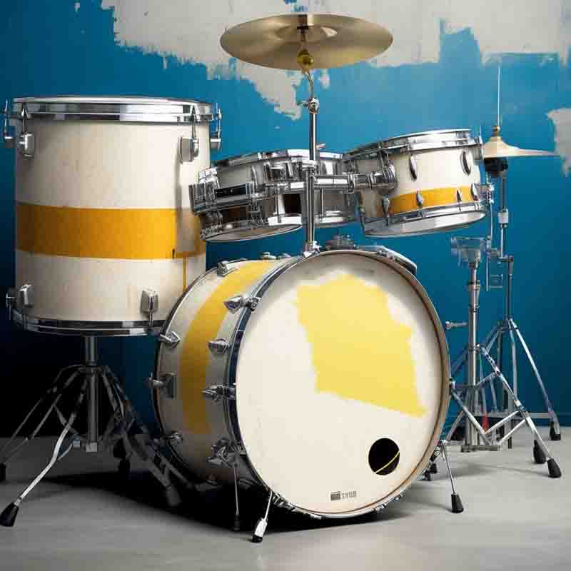 Photorealistic four on the floor drum set with a vibrant yellow and white color scheme, set against a cool blue background. The drum set includes a bass drum adorned with a large yellow stripe. The entire setup is placed on a gray floor, creating a striking contrast with the blue wall in the background.